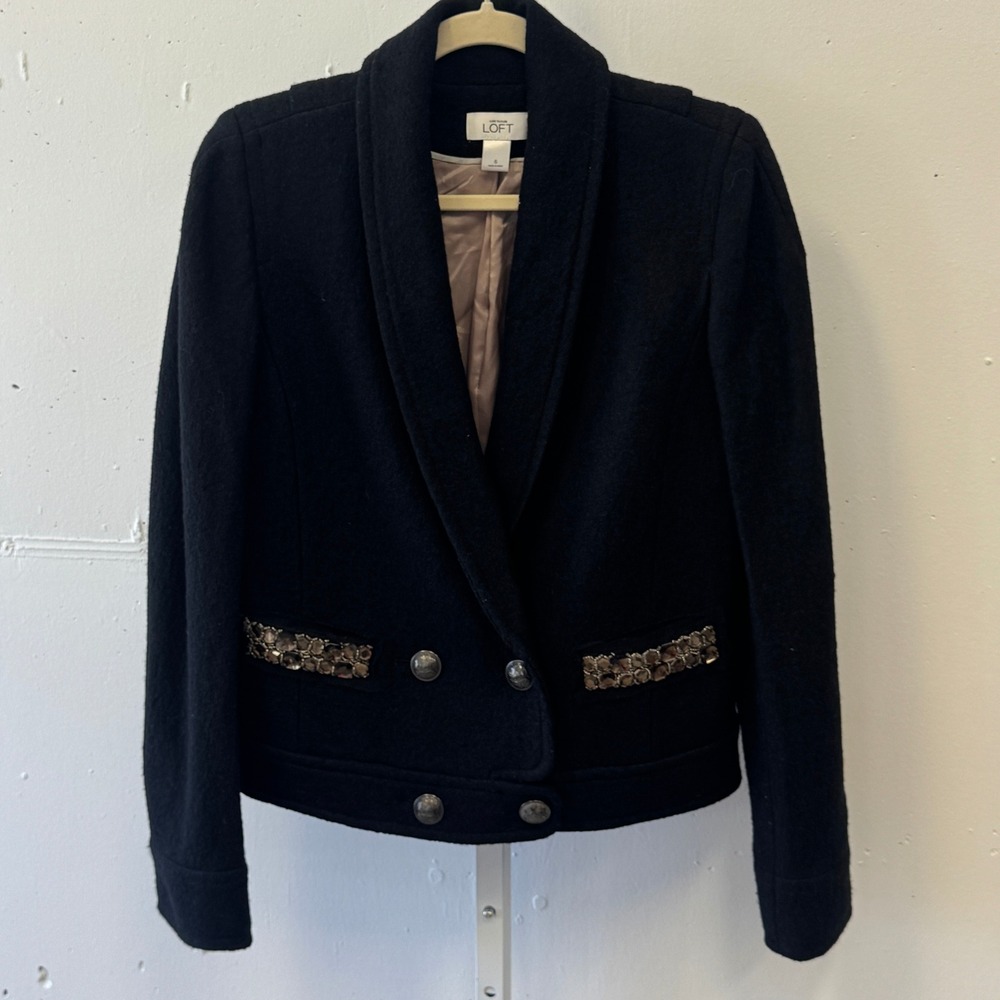Ann Taylor Loft Black Wool Blend Beaded Shawl Collar Blazer Jacket Women's 6